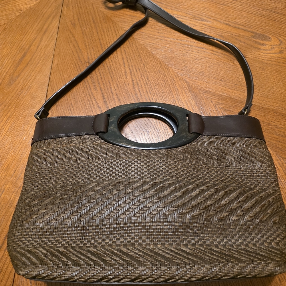 Vintage Fossil Espresso Brown Rattan  Shoulder Bag Wood Handle EUC - Picture 8 of 13